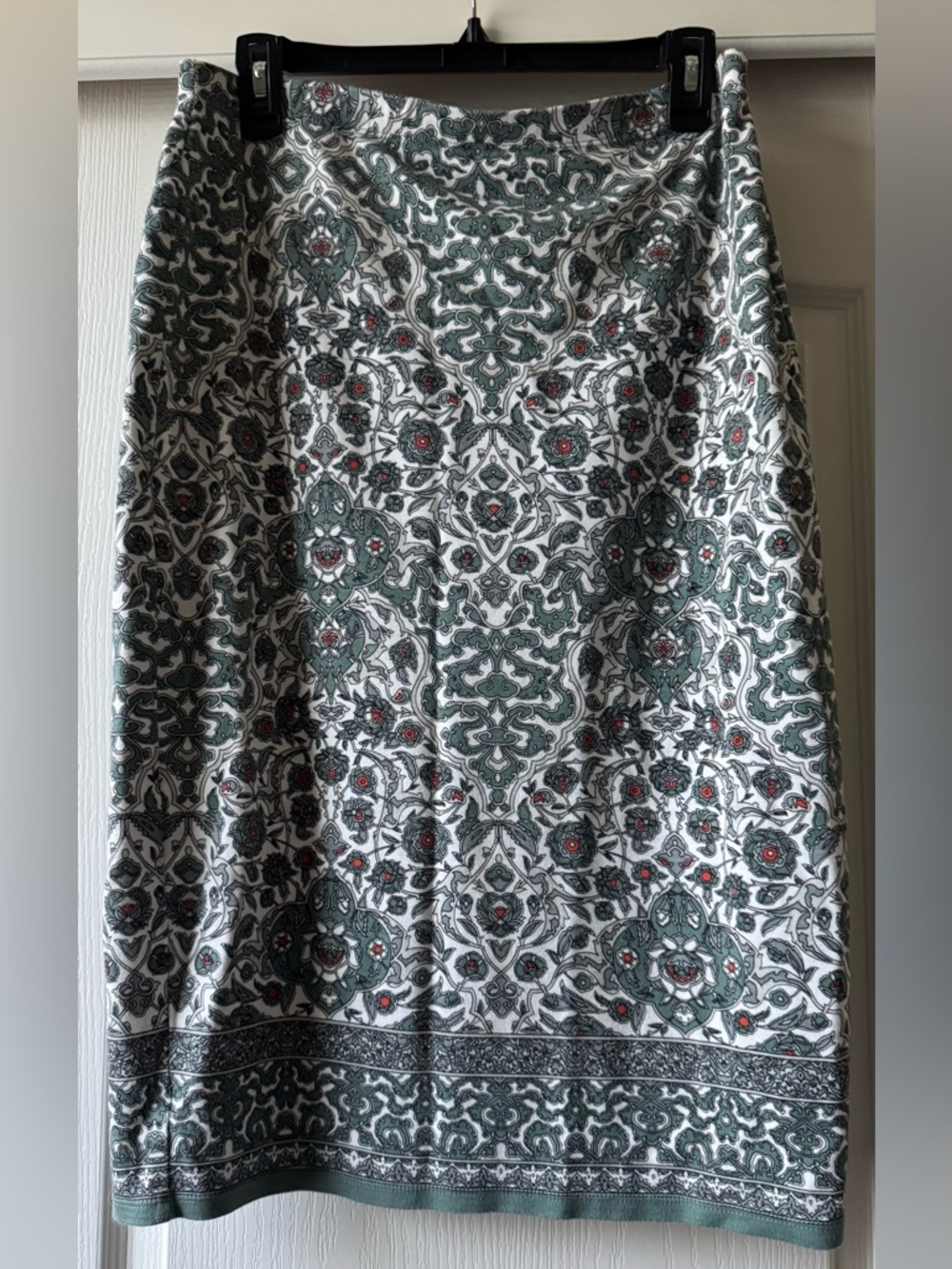 Max Studio Green and White Patterned Maxi Skirt with Red Accents